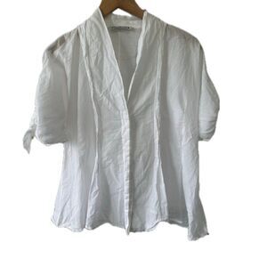 Zara Women's 100% Cotton Semi Sheer Tie Sleeves Button Down Pleated Shirt Top L
